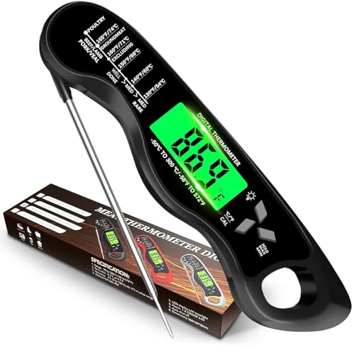 Aouplry Meat Thermometer Digital Instant Read Food Thermometer with Backlight LCD Screen IP67 Waterproof Foldable Long Probe & Auto On/Off Perfect for Cooking BBQ Candy Making (Black)