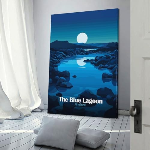 Tableau sur toile islandais POLIUAWS de qualité supérieure, art mural lagon bleu 30 x 45 cm