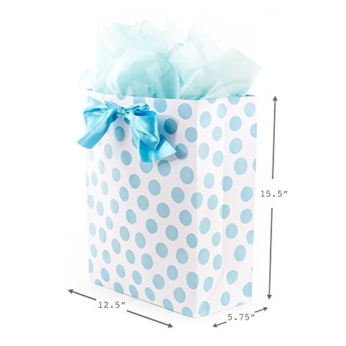 Hallmark 5WDB1101 15 Inch Extra Large Gift Bag With Tissue Paper - Blue Polka Dots And Bow For Baby Showers thumb #2