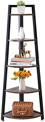 HUMMSE 5-Tier Corner Shelf | Vintage Shelf | A-Shaped Display Rack | Multipurpose Bookshelf | Tiered Plant Stand |Black Metal Frame Livingroom and Office Shelf | 49 inches