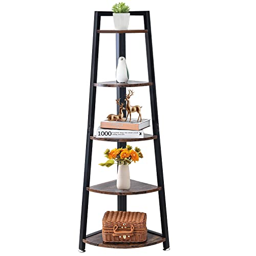 Étagère d'angle à 5 niveaux, support de plantes, bibliothèque échelle pour salon, chambre à coucher, bureau à domicile, vitrine en bois, meubles de maison, noir Cover