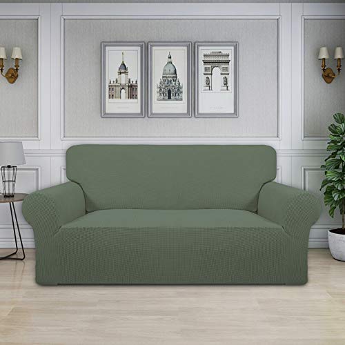 Image of Easy-Going Stretch Oversized Loveseat Slipcover 1-Piece Sofa Cover Furniture Protector Couch Soft with Elastic Bottom for Kids Polyester Spandex Jacquard Fabric Small Checks Greyish Green