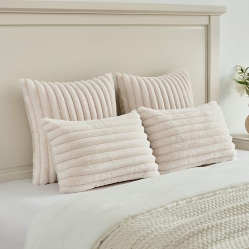 FUTEI Beige Striped Decorative Throw Pillow Covers 18x18 Inch Set of 2,Square Fall Decorations Couch Pillow Case,Soft Cozy Faux Rabbit Fur & Velvet Back,Modern Home Decor for Bed