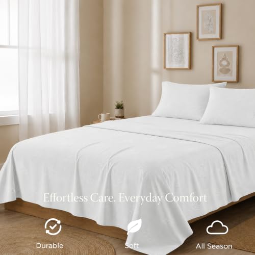 Image of Threadmill 300 Thread Count Cotton Full Sheet Set, Sateen, Jacquard, White | 100% Cotton, Sateen Weave, Jacquard Pattern, 4-Piece Set, 16 inch Deep Pocket, Cooling, Fade-Resistant, OEKO-TEX Certified