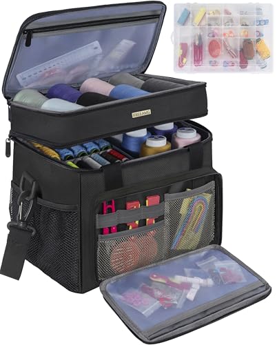 FREEAMG Double Layer Sewing Storage Bag Large Capacity Sewing Accessories Organizer Travel Sewing Case with Shoulder Strap & Clear Organizer Box (No Tools Included)