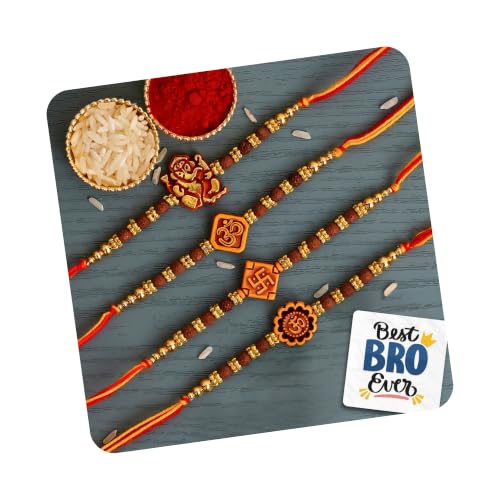 Image of eCraftIndia Set of 4 Brown & Orange Religious Ganesha, Om, Swastika, Rudraksha Rakhis with Roli Chawal Pack and Best Bro Ever Fridge Magnet - Rakhi for Brother, Bhaiya, Bhai