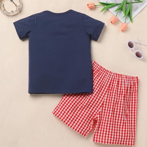 Image of OBEEII Back to School Outfit Toddler Boy Short Sleeve Graphic Shirt Gingham Shorts First Day of School Summer Clothing Set