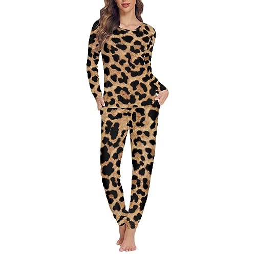 Dolyues Conjunto de pijama de dos piezas de manga larga y pantalones con bolsillo para mujer, cómodo, suave, regular, Leopardo marrón, XXL