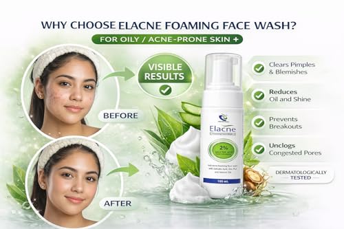 Image of Elacne Foaming Face Wash with 2% Salicylic Acid, Zinc PCA and Natural Oils, for Oily and Acne-Prone Skin, 100 ml