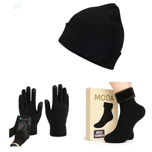 Touca de Inverno Lisa preta com Luva, Gorro Adulto, Tamanho Único