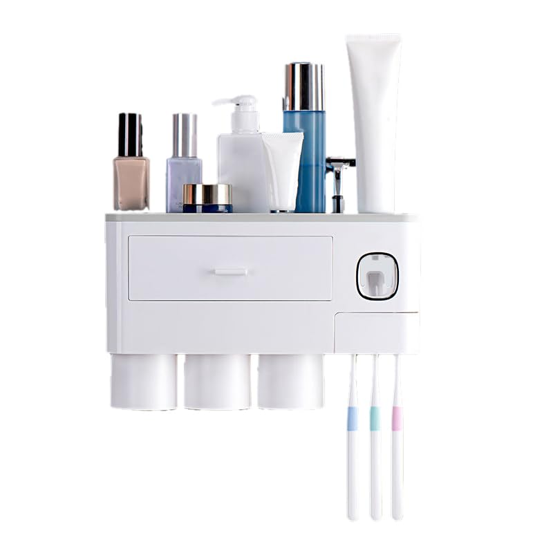 SIXRUN Soporte para Cepillos de Dientes Montado en la Pared, Soporte Magnético de Plástico para Cepillos de Dientes con Dispensador de Pasta de, Almacenamiento en Cajones, Vasos Al Revés para Uso