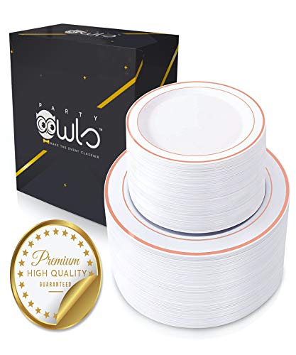 Rose Gold Plates 120pcs Eco-Friendly & Extra Strong. Premium China Lookalike Plastic Plates for Baby Shower, Birthday & Wedding. No Cleanup with Disposable Plates. Re-Usable Rose Gold Party Plate