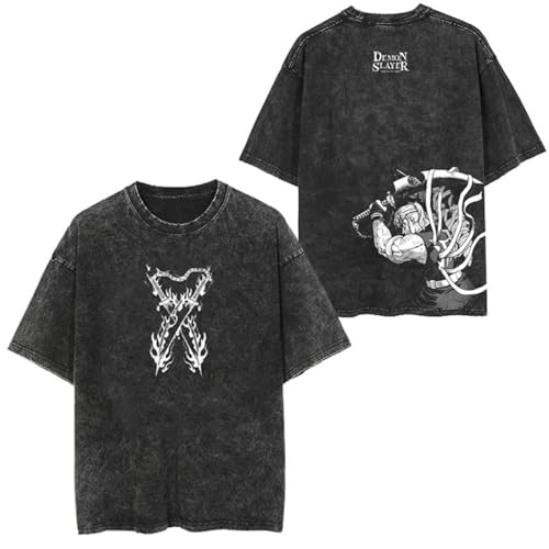 KUNIIS Vintage Anime Graphic Cotton T-Shirt, Washed Black and Beige, S-5XL, Hip Hop Streetwear (Black-P,3XL)