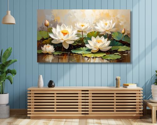 Image of KunjCart White Lotus Wall Painting Big Size (FRAMED & UNFRAMED OPTIONS )- Artistic Lotus Painting for Wall Vastu Landscape, Lotus Flower Painting for Living Room, Bedroom & Home, Luxury Lotus Canvas Painting (26 X 18 INCH, Framed - SMALL)