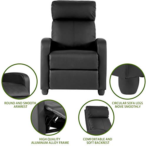 Image of PayLessHere Recliner Chair Single Reclining Sofa Home Theater Seating with Lumbar Support and Padded Backrest for Living Room and Bedroom (Leather, Dark Black)
