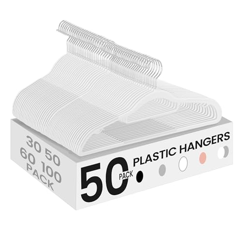 SONGMICS Pack of 50 Coat Hangers, Space-Saving Plastic Clothes Hangers, Non-Slip, 0.2 Inches Slim, 16.5 Inches Wide, 360° Swivel Silver Hook, White U