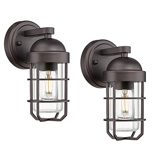 Image of Emliviar Farmhouse Outdoor Wall Sconces, 2 Pack Vintage Exterior Light Fixtures with Nautical Metal Cage and Tempered Glass, Oil Rubbed Bronze Finish, GE255B-2PK ORB