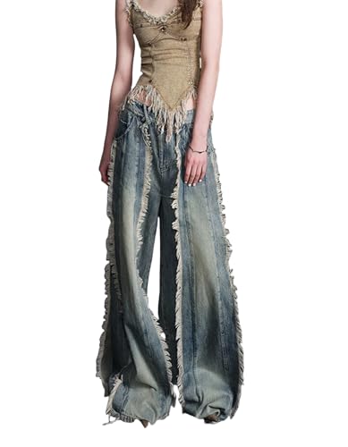 Women's Splicing Tassel Y2K High Waist Loose Jeans Street Hot Girl Fashion Cowboy Pants