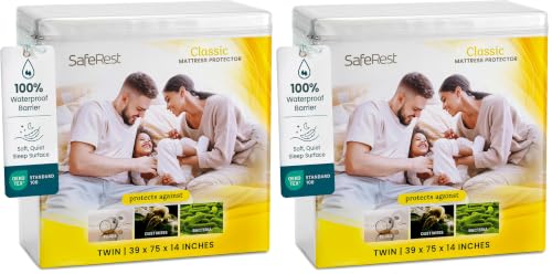 Image of SafeRest Waterproof Mattress Protector Twin Size - Absorbent Breathable Soft Fitted Bed Cover with 18 inch Deep Stretchable Pockets - Machine Washable Twin Mattress Cover (Pack of 2)