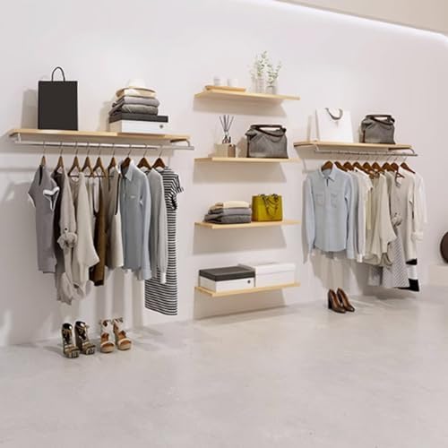 Adjustable Wall-Mounted Clothing Rack with Top Shelf, Metal Floating Garment Organizer, Retail Display Rack with Hanging Rod for Clothes Storage & Showcase