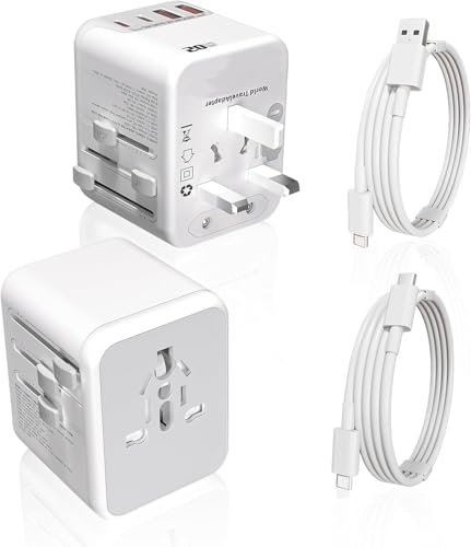2Pack Universal Travel Adapter, International Travel Plug Adapter with 2 USB-C(PD 20W) & 2 USB-A Ports 3FT Type C Cable Cord,All in One Portable Adaptor for USA, UK, EU, AU & 224+ Countries (White) US