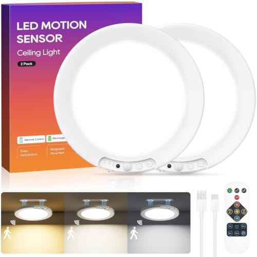 Image of 2 Pack Rechargeable Motion Sensor Ceiling Light, 8000mAh Battery Operated Ceiling Lights with Remote, Magnetic Wireless Closet Light, 3 Color Dimmable LED Lights for Closet Shower Pantry Hallway