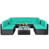 Haverchair 7 Pieces Patio Rattan Wicker Outdoor Furniture Sectional All-Weather Sofa 7-Piece Conversation Set with Cushions (Green Cushions Black Rattan)