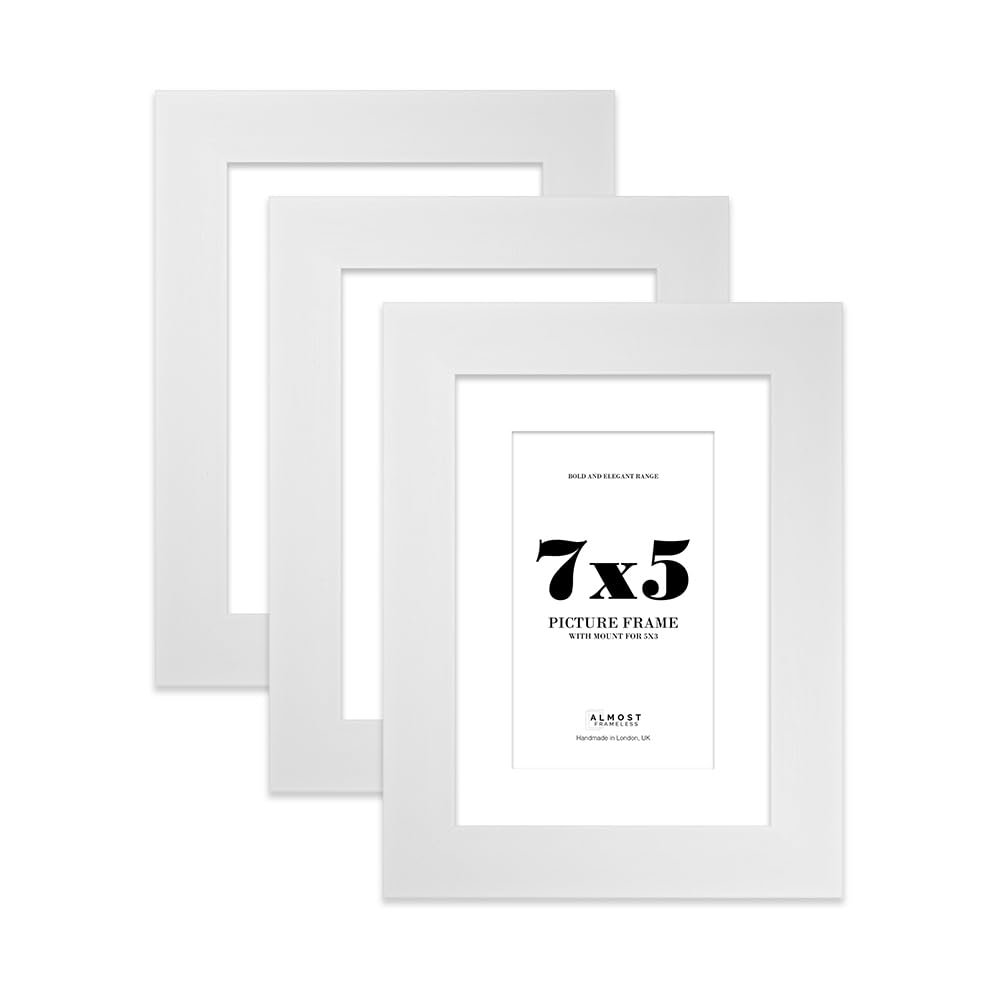 7x5" White Frame With Mount for 5x3" Pictures 28mm Edge Portrait and Landscape Display with Wall Hooks and Kickstand, 3 Pack