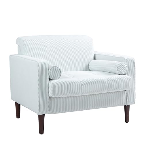 Image of Corduroy Accent Chairs Set of 2, Modern Upholstered Living Room Arm Chair Comfy Bedroom Reading Armchair with Bolster Pillows, Mid-Century Track Armrest Tufted Single Sofa Seat (Beige)