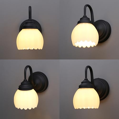 Image of Phansthy Vintage Brass Boho Wall Sconces, Hardwired Wall Lights with Tulip Glass Lampshade, Brass Vanity Lamp Modern Wall Lighting Fixtures for Bedroom, Living Room, Hallway (Black + White Shade)