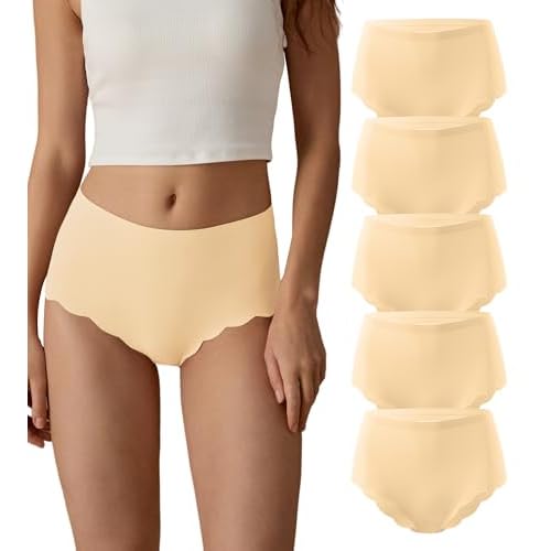 SHARICCA Seamless High Waisted Underwear for Women Cheeky Underwear Wave Edge No Show Bikini Panties Ribbed Panties Pack Medium 5p - Beige