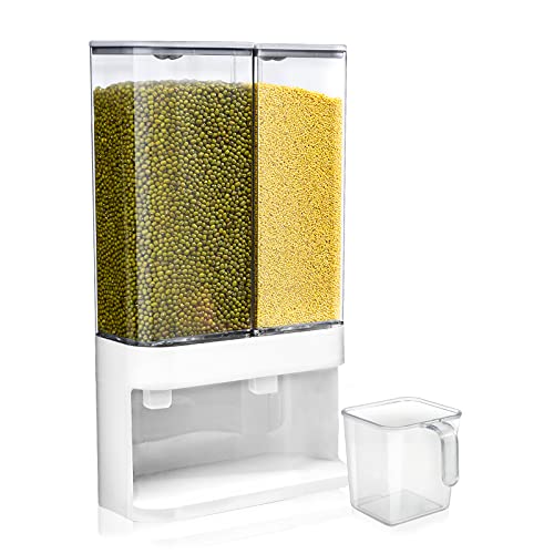 FOVERN1 Wall Mounted Dry Food Dispenser, Detachable Tank 2-Grid Food Dispenser, Rice Dispenser Container, Food Storage Container for Rice, Soybeans, Coffee Beans, and Other Small Grain(4000ml)