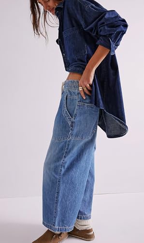 ebossy Vintage Baggy Barrel Jeans for Women Mid Rise Draswtring Wide Leg Capri Denim Pants with Pockets3