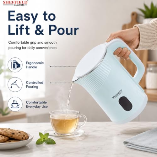 Image of SHEFFIELD CLASSIC 1.5L Cool Touch Electric Kettle for Home & Office | 1350W Fast Boil Stainless Steel Water Jug | Double-Wall Insulation, Automatic Shut-Off & 360 Cordless Base (Blue, BPA-Free)