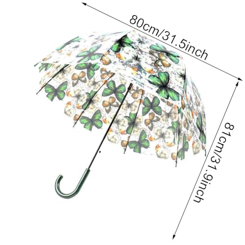 ThreeH Clear Bubble Umbrella with Windproof Transparent Dome POE Canopy Beautiful Butterfly Patterns Curved Handle Automatic Open,Green