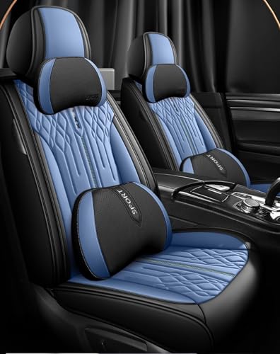 トヨタ アクア 初代 Aqua NHP10/NHP10H 型 に適用カーシートカバー 防塵・防汚 四季通用 車用インテリアアクセサリー 滑り止めシート保護クッション 前後5人乗り通気性・耐摩耗性ナッパレザー素材(青,枕付き)