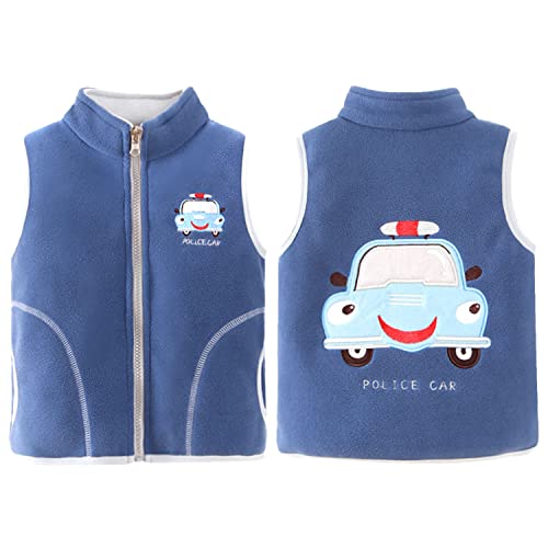 Bébé Enfants Garçons Gilet Polaire Fermeture Éclair Complète Col Montant Veste Sans Manches Manteau Survêtement Automne Hiver Gilets pour 1-8 Ans - Motif Voiture de Police Bleu Azur 120