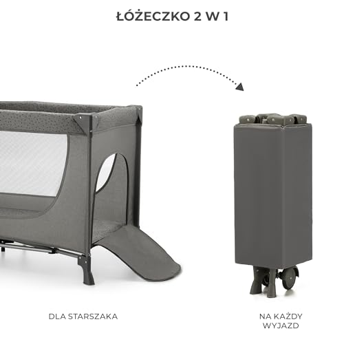 Kinderkraft JOY 2 Łóżeczko turystyczne 2 w 1, Boczne wejście, Szybkie składanie i rozkładanie, Zabezpieczenie przed złożeniem, Kółka i torba ułatwiające transport, Szary