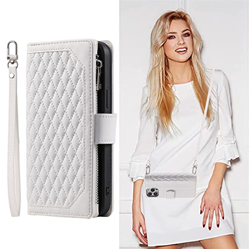 SINQERISHT Crossbody Wallet Case for Samsung Galaxy S22 Ultra Leather Phone Case with Card Holder Kickstand & Wrist Strap Cover Magnetic Closure Flip Handbag Zipper Purse Shell for Women(White)