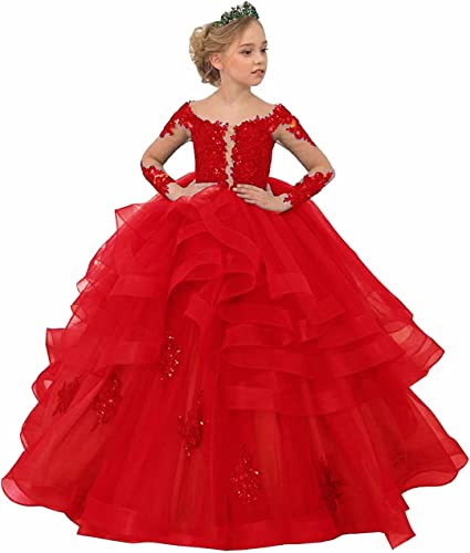Long Sleeve Ball Gown Flower Girl Dresses Appliques Tulle Princess Pageant Prom Dress