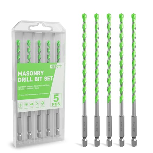 5 Pack 1/4 inch Masonry Drill Bit Set - Carbide Tip Hex Shank Concrete Drill Bits for Brick Tile Cement Glass & Plastic