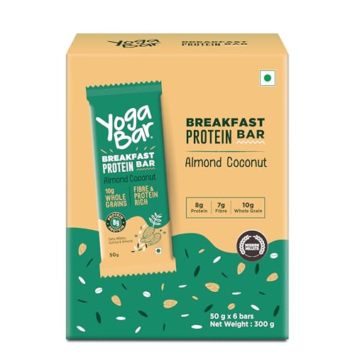 Image of Yogabar Breakfast Protein-Bar Almond Coconut - Wholegrain Low Fat Snacks with Millets and Oats, High in Protein (8g) and Fibre, Gluten Free Granola Bar with Chia and Flax Seeds (6 Bars)