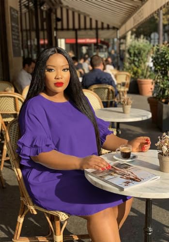 Image of Ekaliy Women's Casual Vintage Ruffle Sleeve Loose Party Midi Plus Size Dress Casual Summer