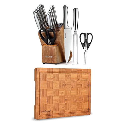McCook MC35 German Stainless Steel Hollow Handle Self Sharpening Kitchen Knife Set + MCW12 Bamboo Cutting Board (Small, 14â€x10â€x0.8â€)