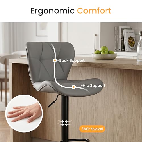 Image of HealSmart Bar Stools Set of 2, Adjustable Faux Leather Swivel Bar Stools, Counter Height Bar Chairs with Back for Kitchen Island, 360 Swivel, 300 lbs Capacity, Grey