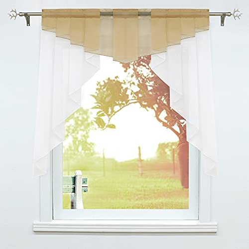 SCHOAL Visillos de cocina para ventanas pequeñas, con cinta fruncida o cordón, cortina de gasa transparente, cortinas cortas, modernas, 1 unidad, 120 x 125 cm, color arena Cover