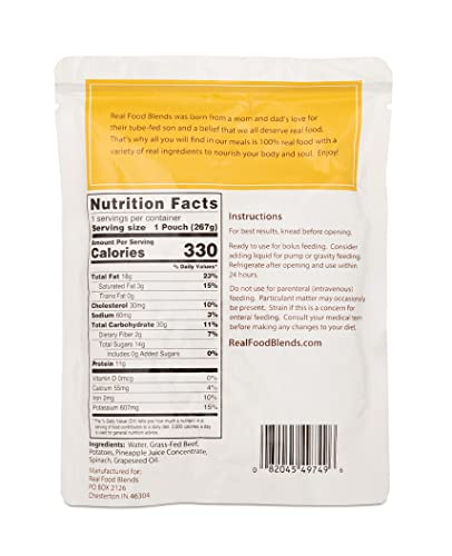 Real Food Blends Beef, Potatoes & Spinach - Pureed Food Meals for Tube Feeding with Protein, Vegetables & Fruits - 330 Calories for Lunch & Dinner - 9.4 oz (Pack of 12)