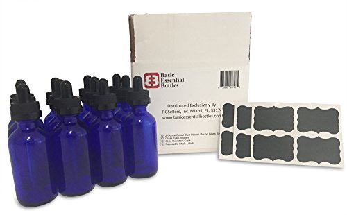 (12) 2 oz Empty Cobalt Blue Glass Bottles w/Glass Eye Droppers, Child Resistant Tops and (12) Chalk Labels for Essential Oils, Aromatherapy