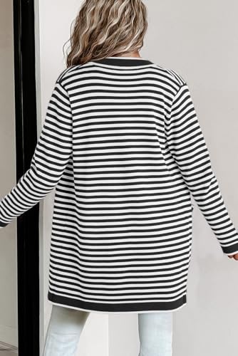 Women's Black Stripe Long Sleeve Button Up Tunic Cardigan2