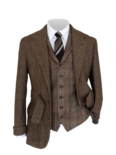 RAJEGAR Americana de tweed para hombre, diseño de pata de gallo a cuadros Full Norfolk, vintage, de un solo botonadura, casual, mezcla de lana, chaqueta deportiva británica, marrón, S